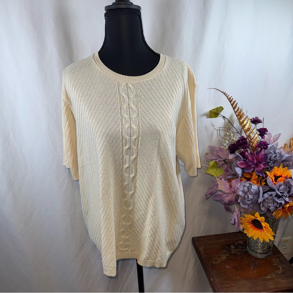 Alfred Dunner Pale Yellow/Tan Cable Knit Short Sleeve Sweater Top L
